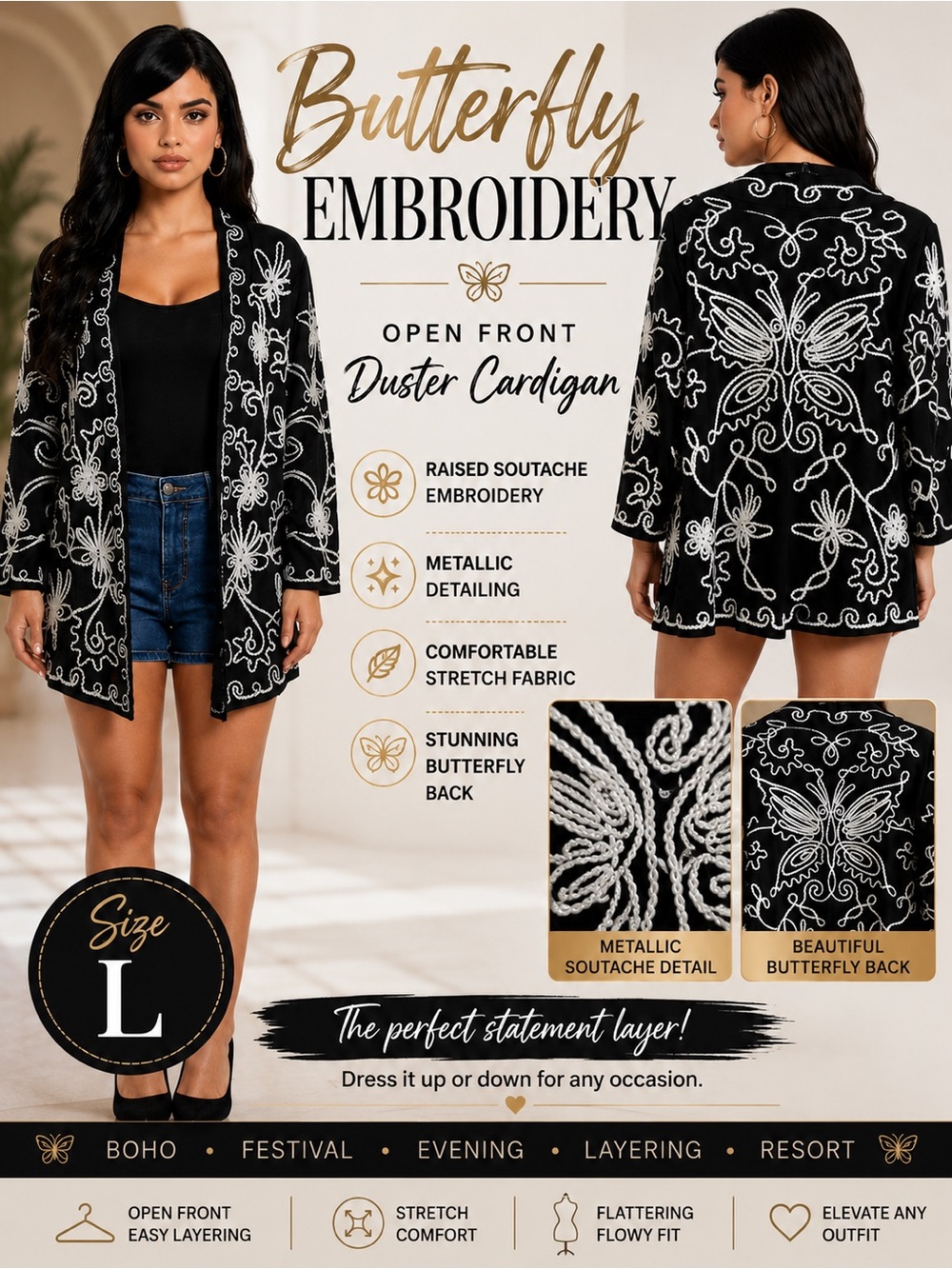 Lauren Michelle Butterfly Embroidered Open Cardigan Duster Boho Festival L